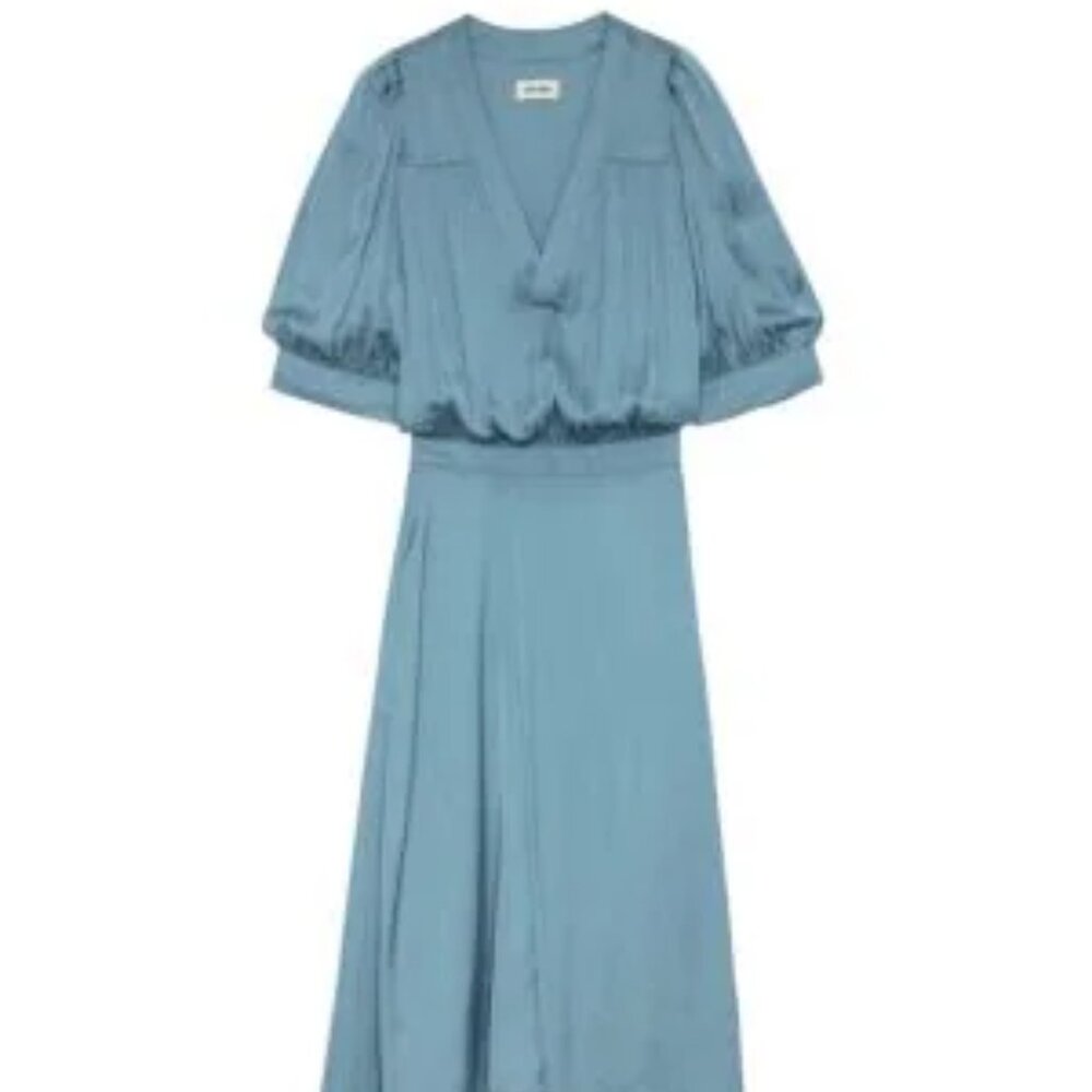 NEW ZADIG & VOLTAIRE Ralia Satin Wrap Midi-Dress in Blue Size M